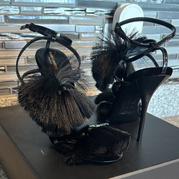 YSL Vernice Chiffon Tassel Embellished Pierre Pon Pon 110 Sandals - Picture 4 of 10